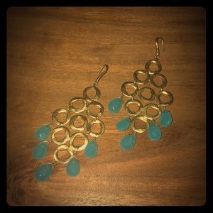 Anthropologie long gold dangly earrings aquamarine